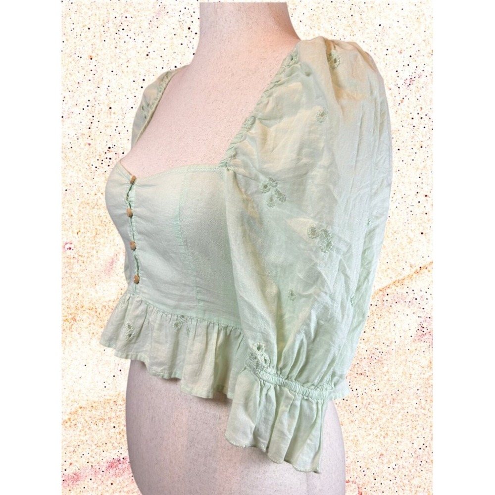 Zara Embroidered Eyelet Blouse M Puff Sleeve Cropped Top Mint Green Coquette - Picture 3 of 9